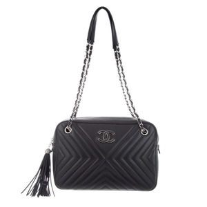 Chanel Chevron Camera Case Bag CC Black Diagonal Shoulder Purse Handbag Silver